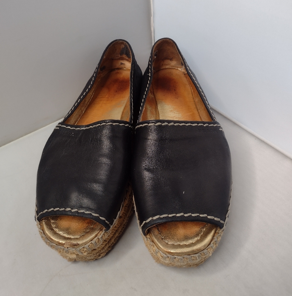 Prada Womens Platform Espadrille Flats Leather Open Toe 39 Black B2